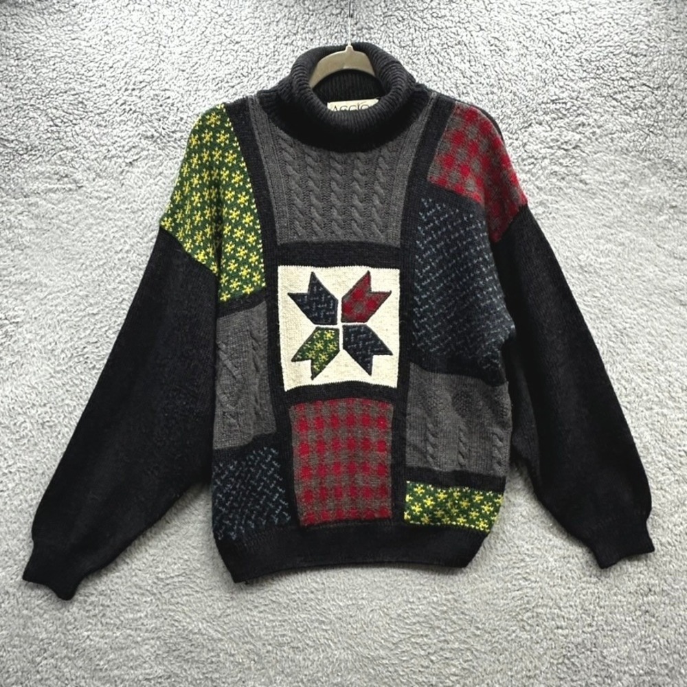 VTG AGGIO Men's Medium Patchwork Turtleneck Sweater Wool Blend Multi Pattern EUC